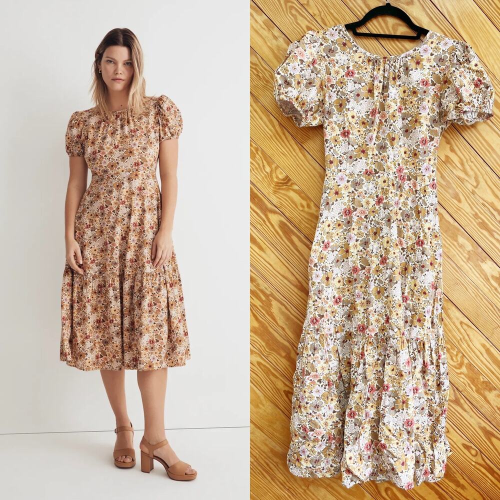 Madewell Puff-Sleeve Open-Back Midi Dress in Flora Field
